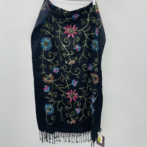 Cejon Womens Floral Embroidered Rectangle Neck Scarf with Fringe Viscose Black - Picture 1 of 6